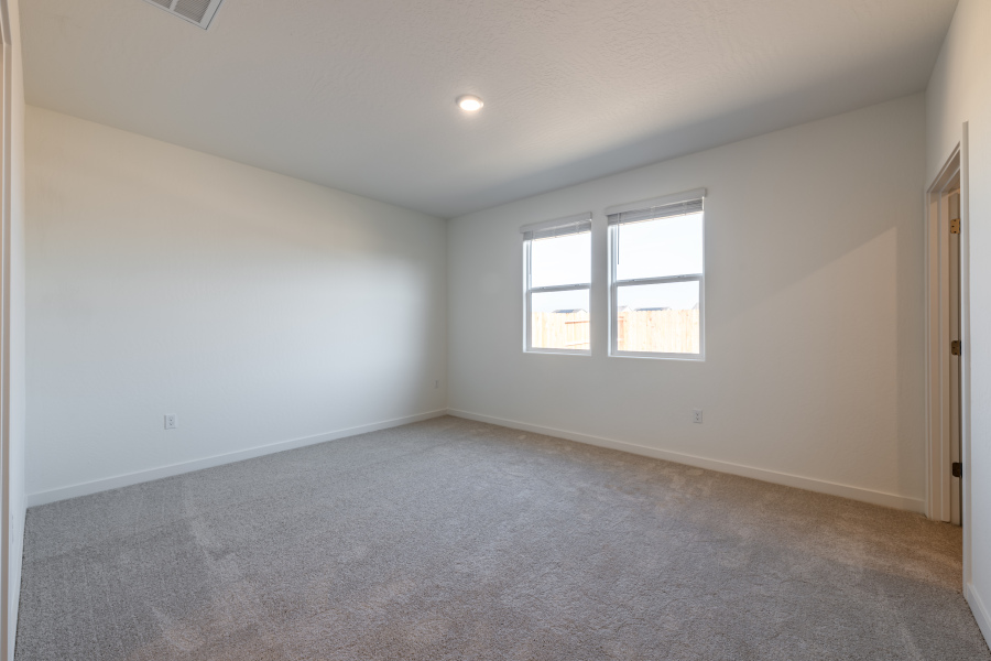 A room with a carpet and windows.