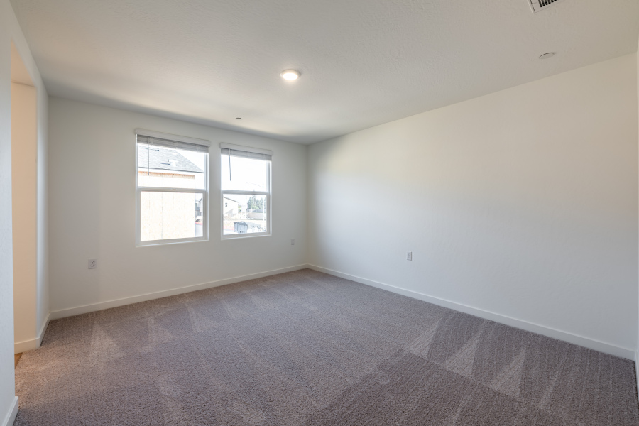 A room with a carpet and windows.