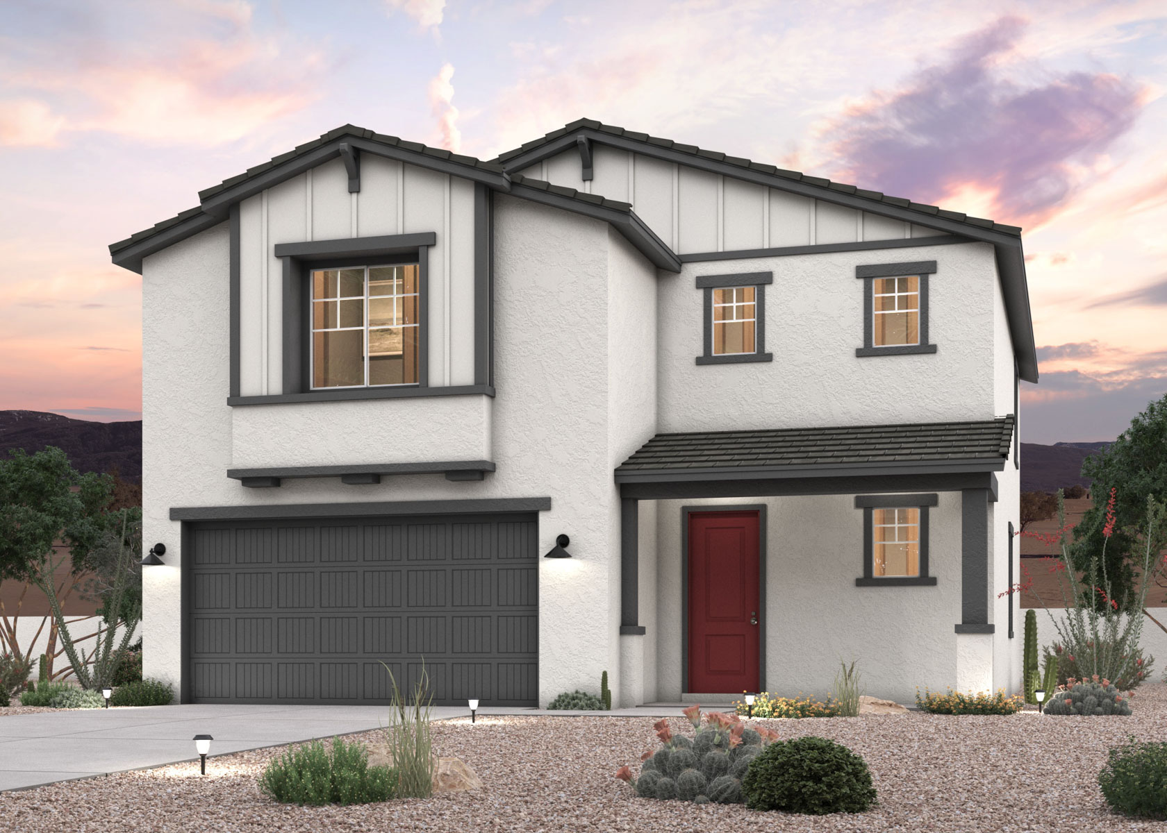 Twilight rendering of a new 2-story home for sale in Buckeye, AZ with 2 car garage at Montana Vista by Century Communities.