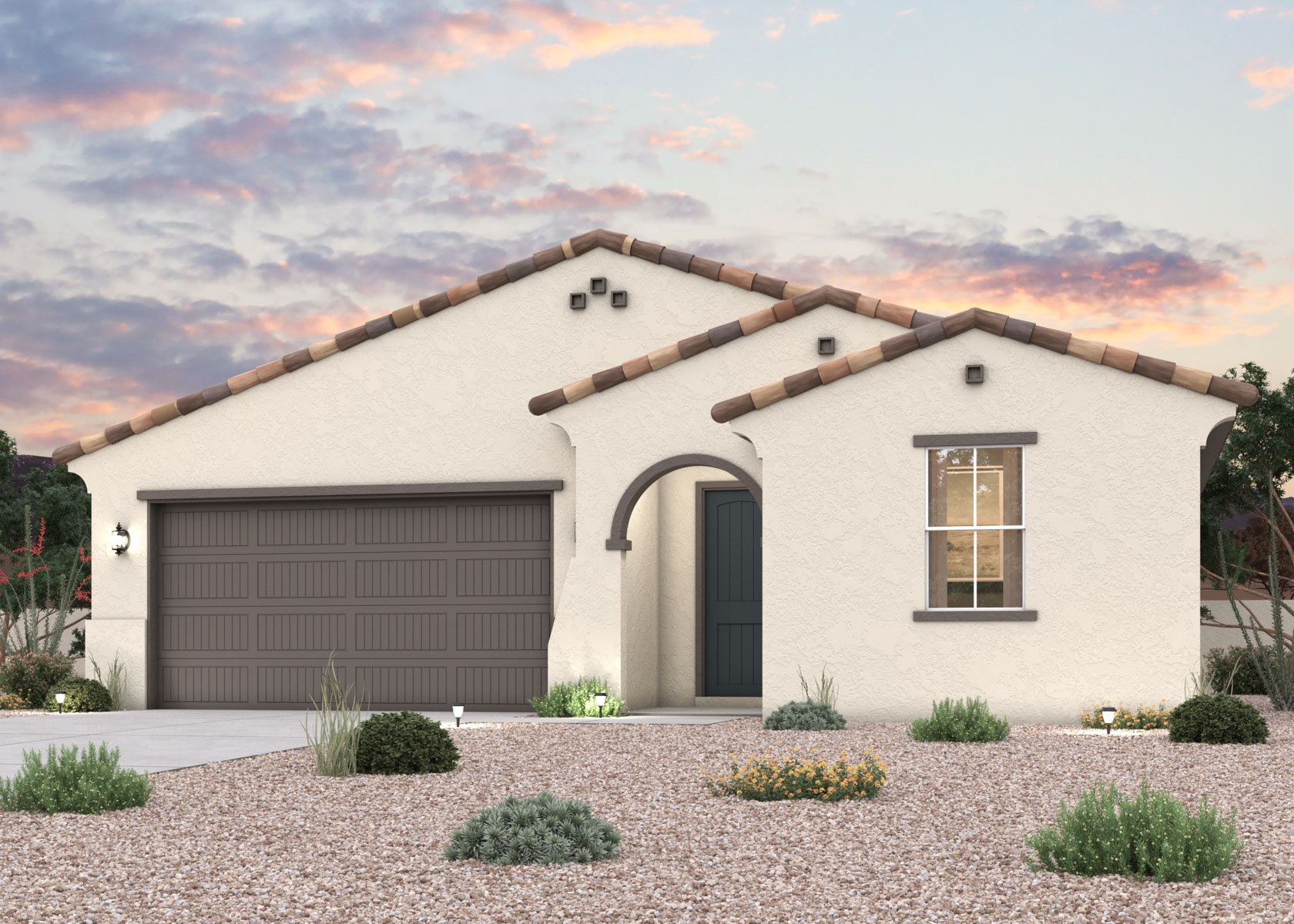 Twilight rendering of front of home with 2 car garage in Surprise, AZ