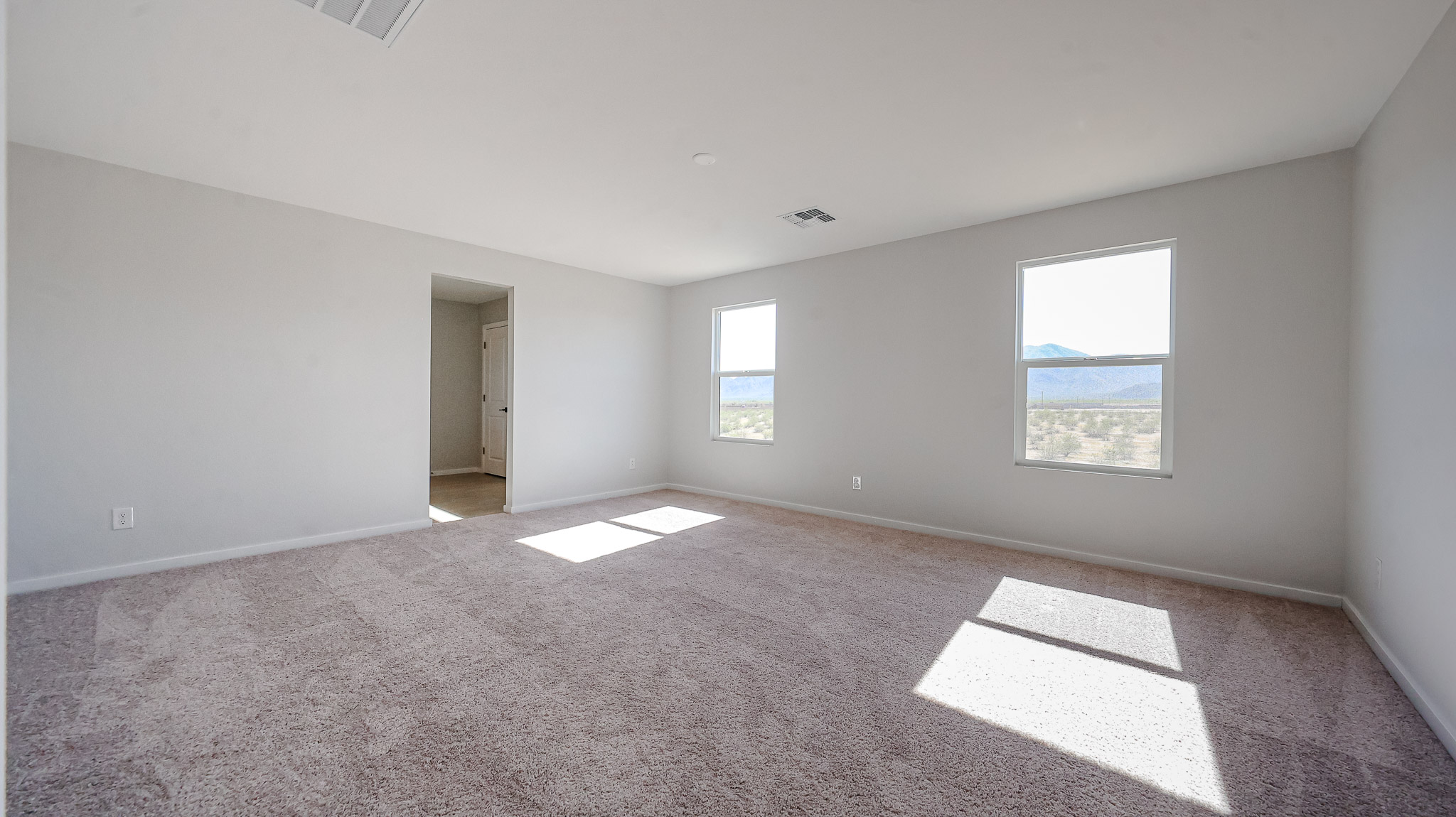 A room with a carpet and windows.