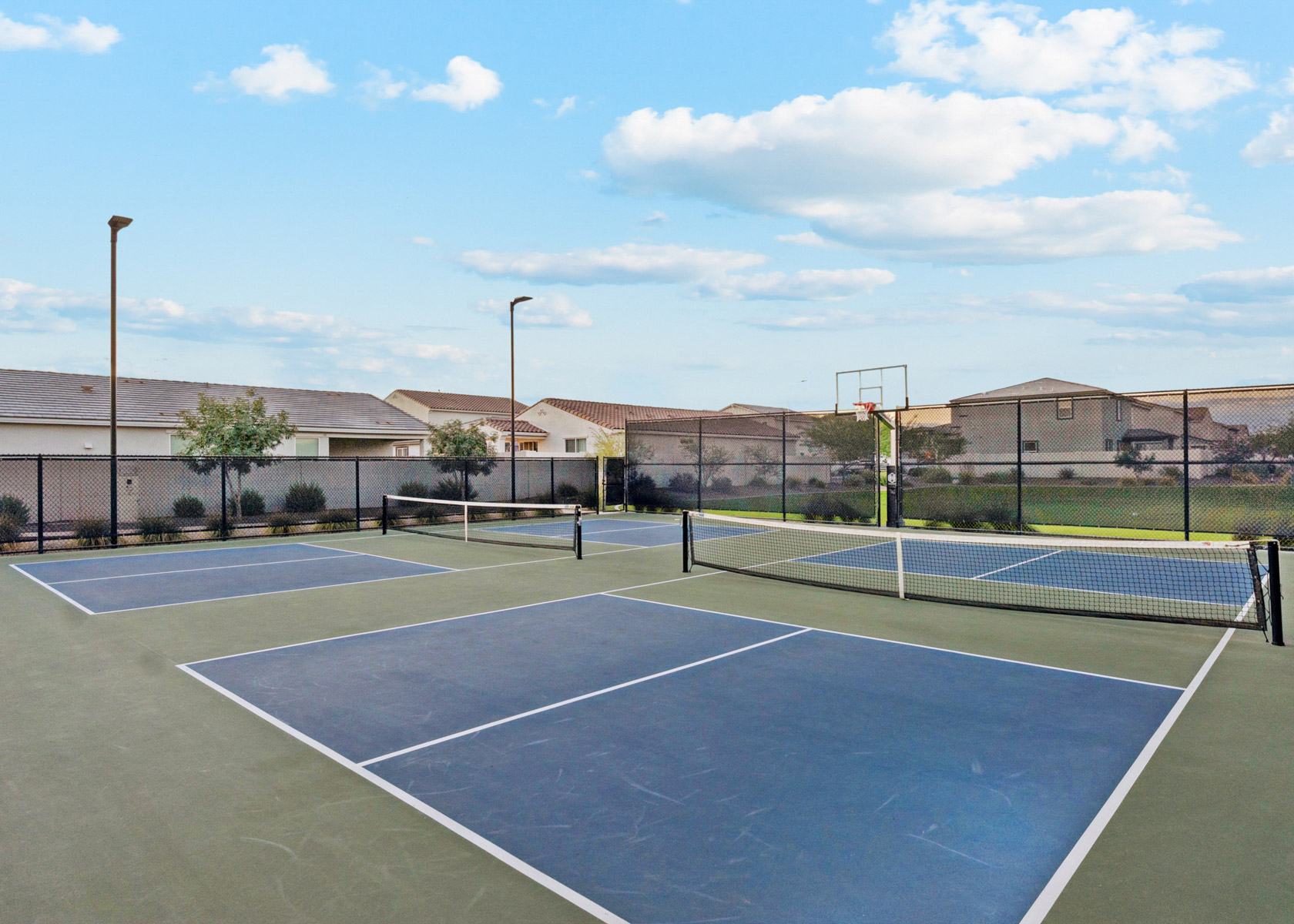 A tennis court with a net.