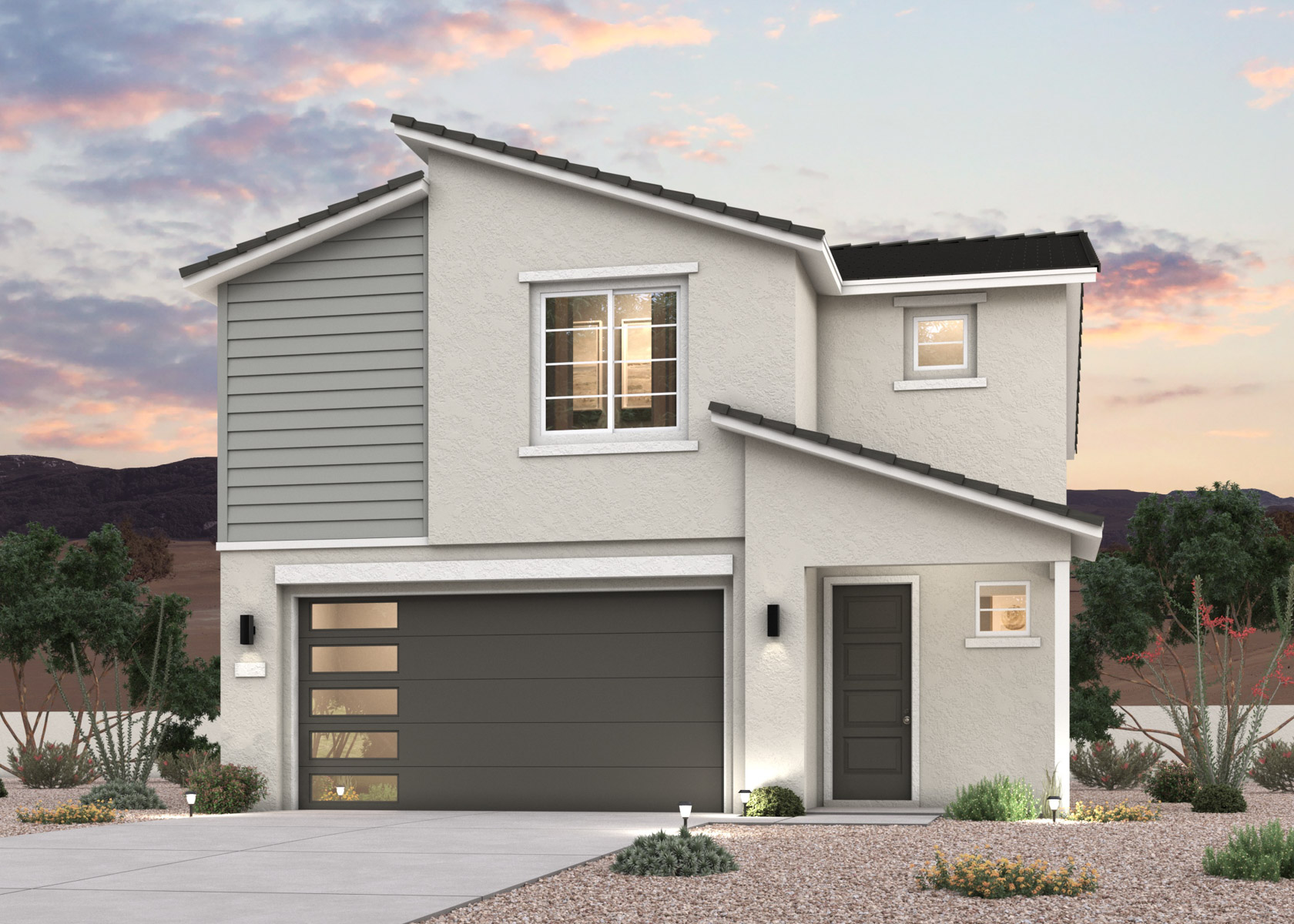 A twilight rendering of a 2-story new home in Buckeye, AZ at Manzanita at Teravalis by Century Communities.