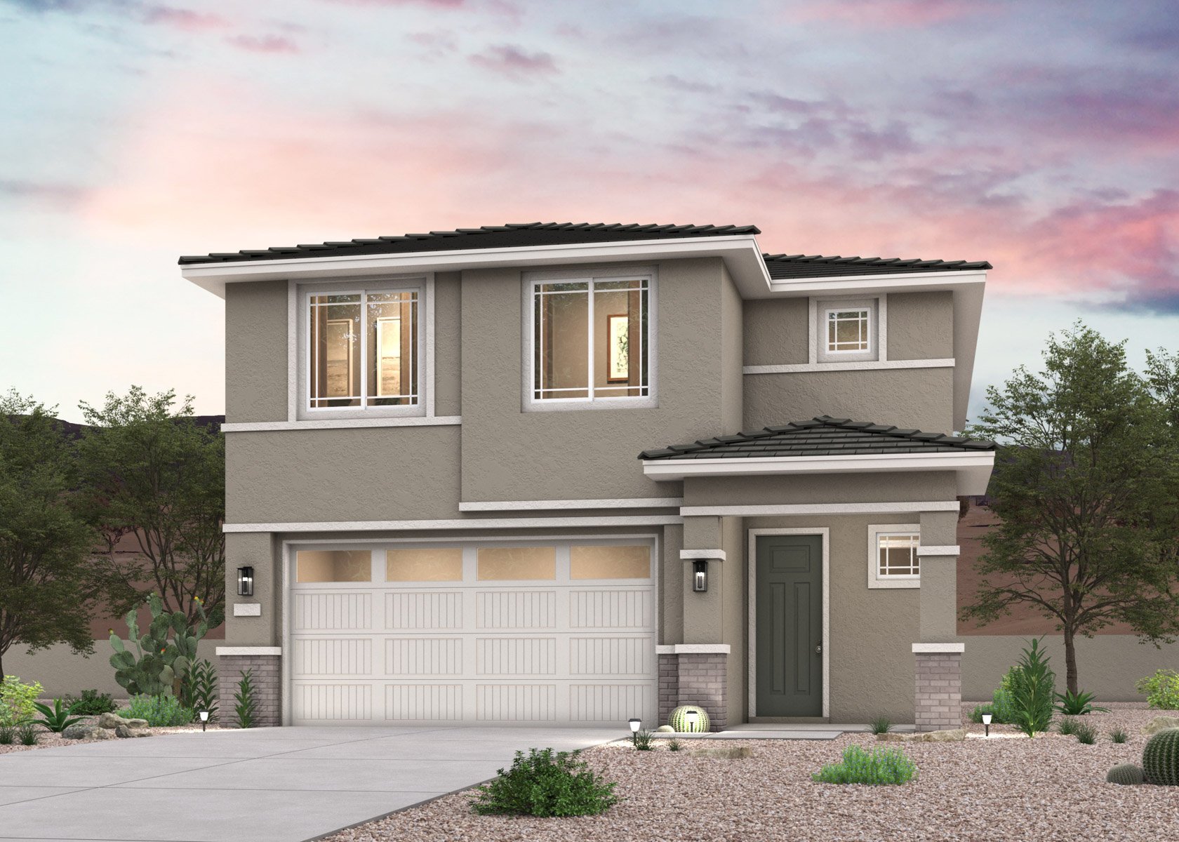A twilight rendering of a 2-story new home in Buckeye, AZ at Manzanita at Teravalis by Century Communities.