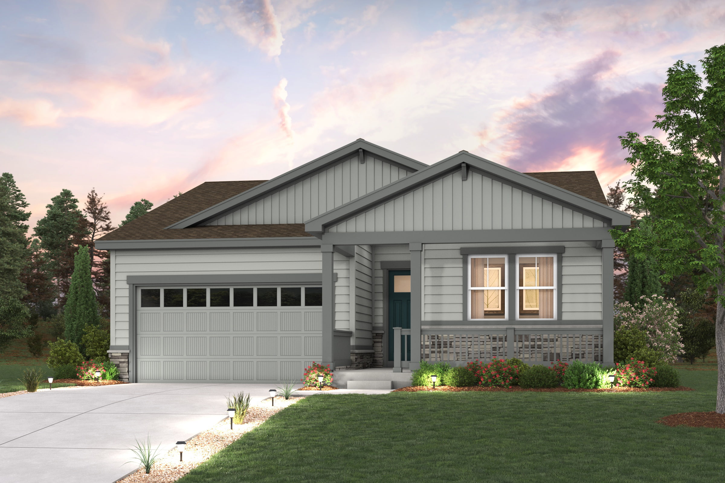 A house with a driveway. Cimarron Elevation B Rendering