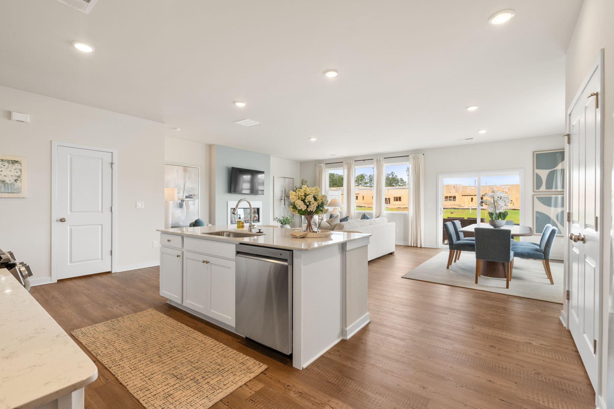A kitchen with a large island.