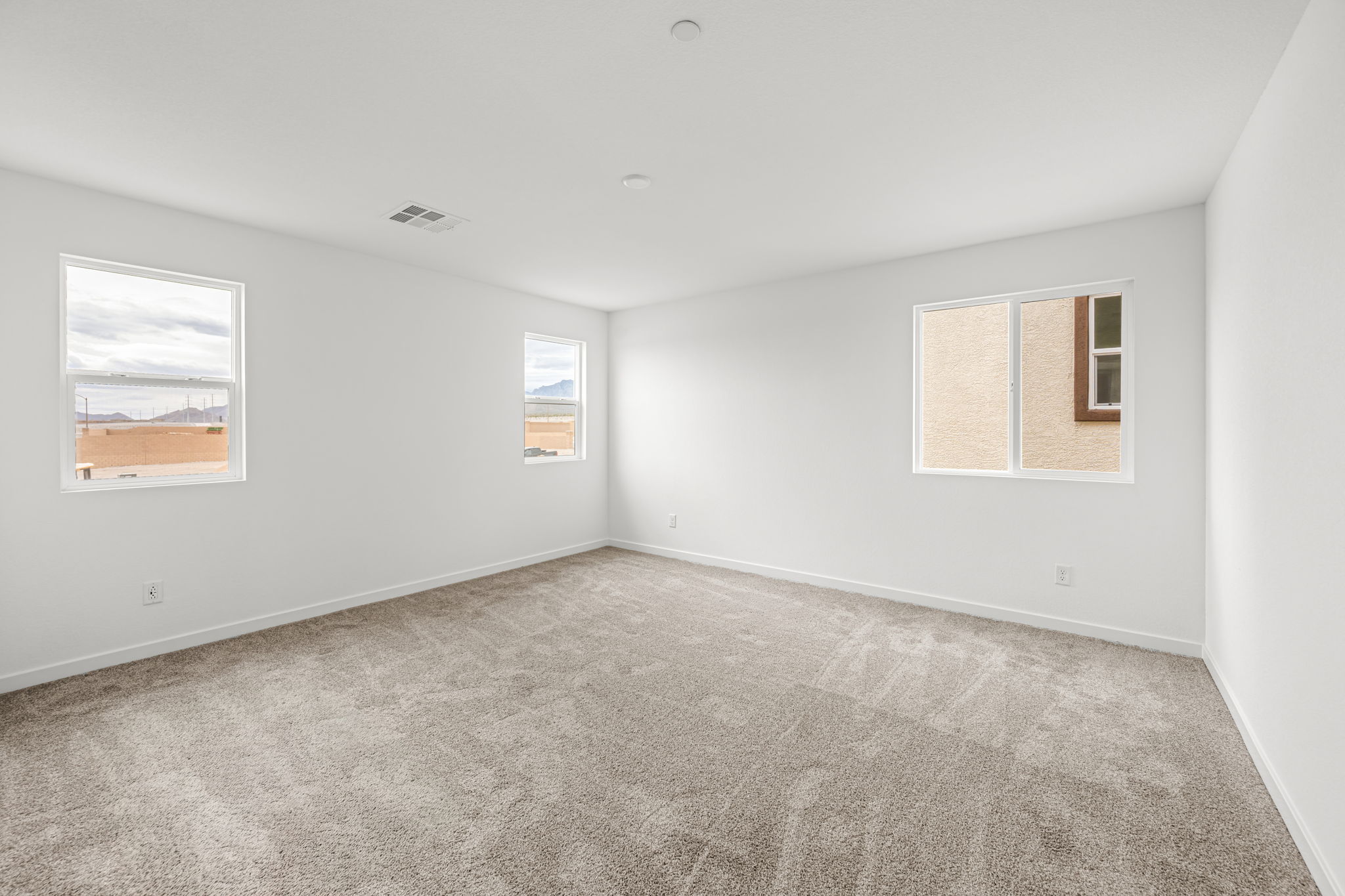 A room with a carpet and windows.