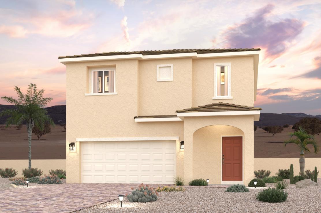 A house with a garage and palm trees.
