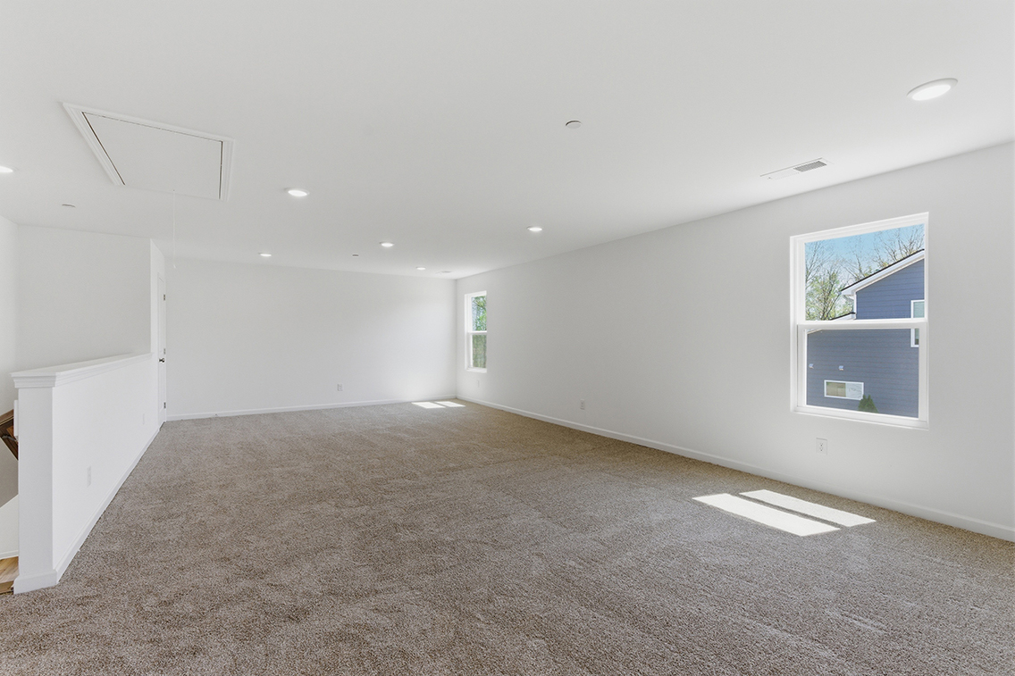 A room with a carpet and windows.