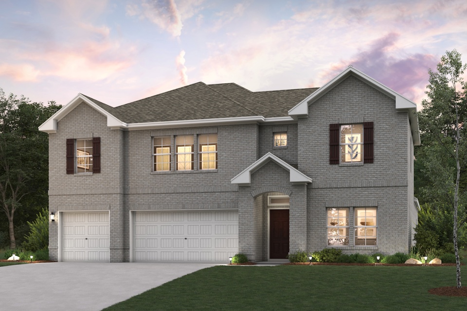 A grey house with a garage.