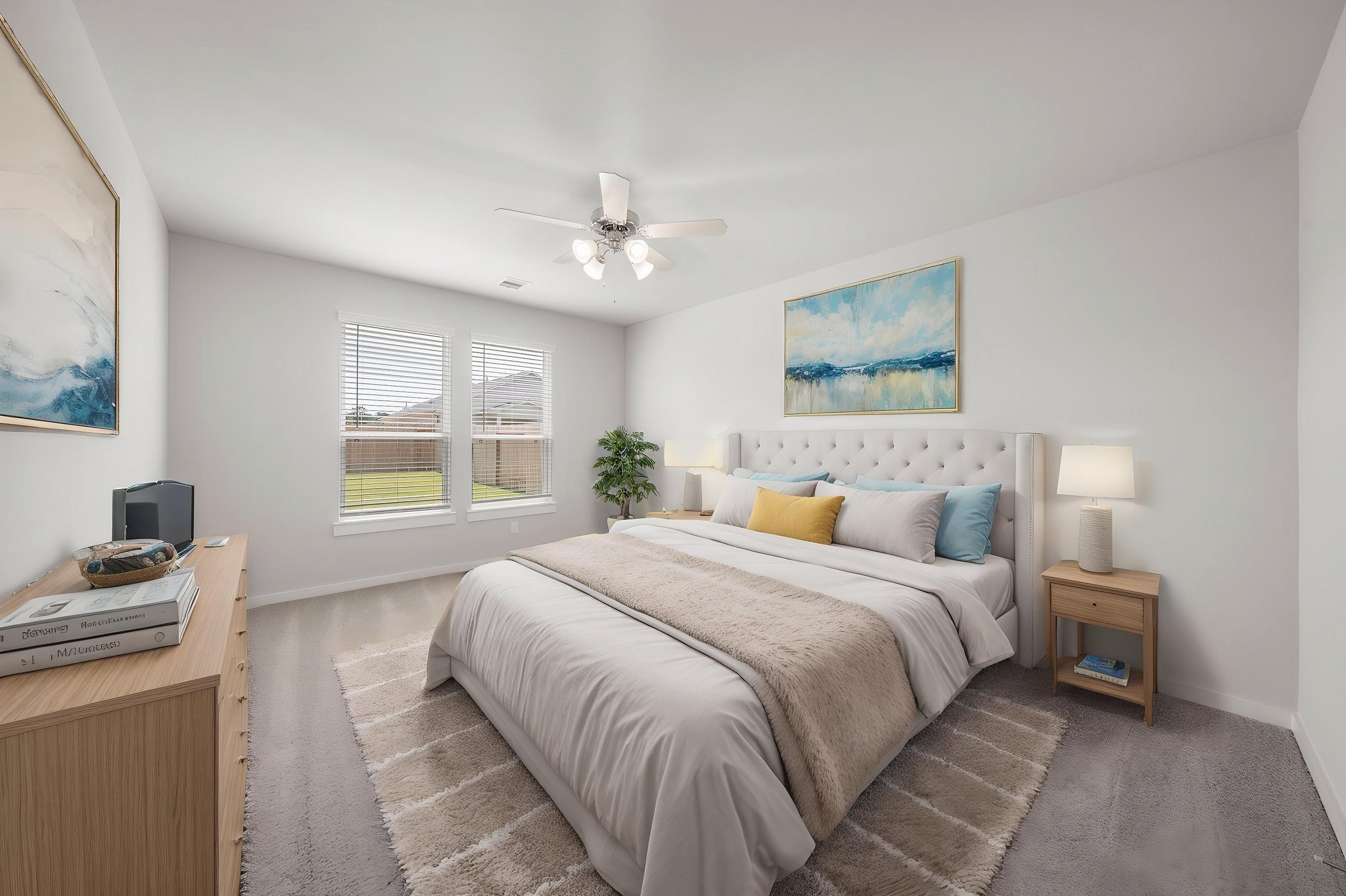 A bedroom with a bed and a fan.