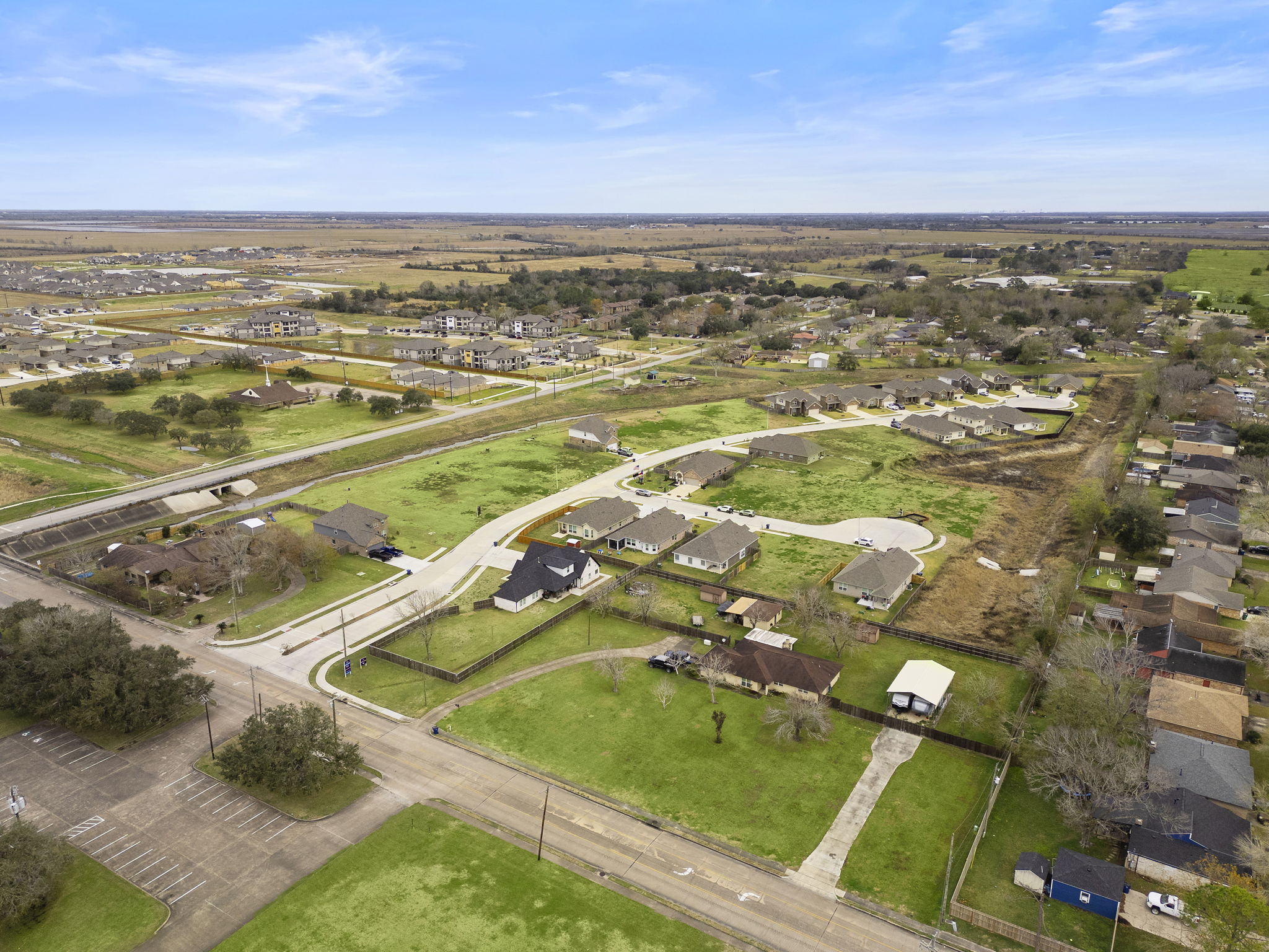 A large area with buildings and trees.