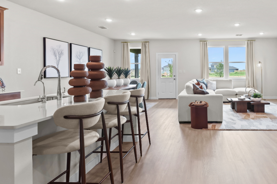 A kitchen and living room.