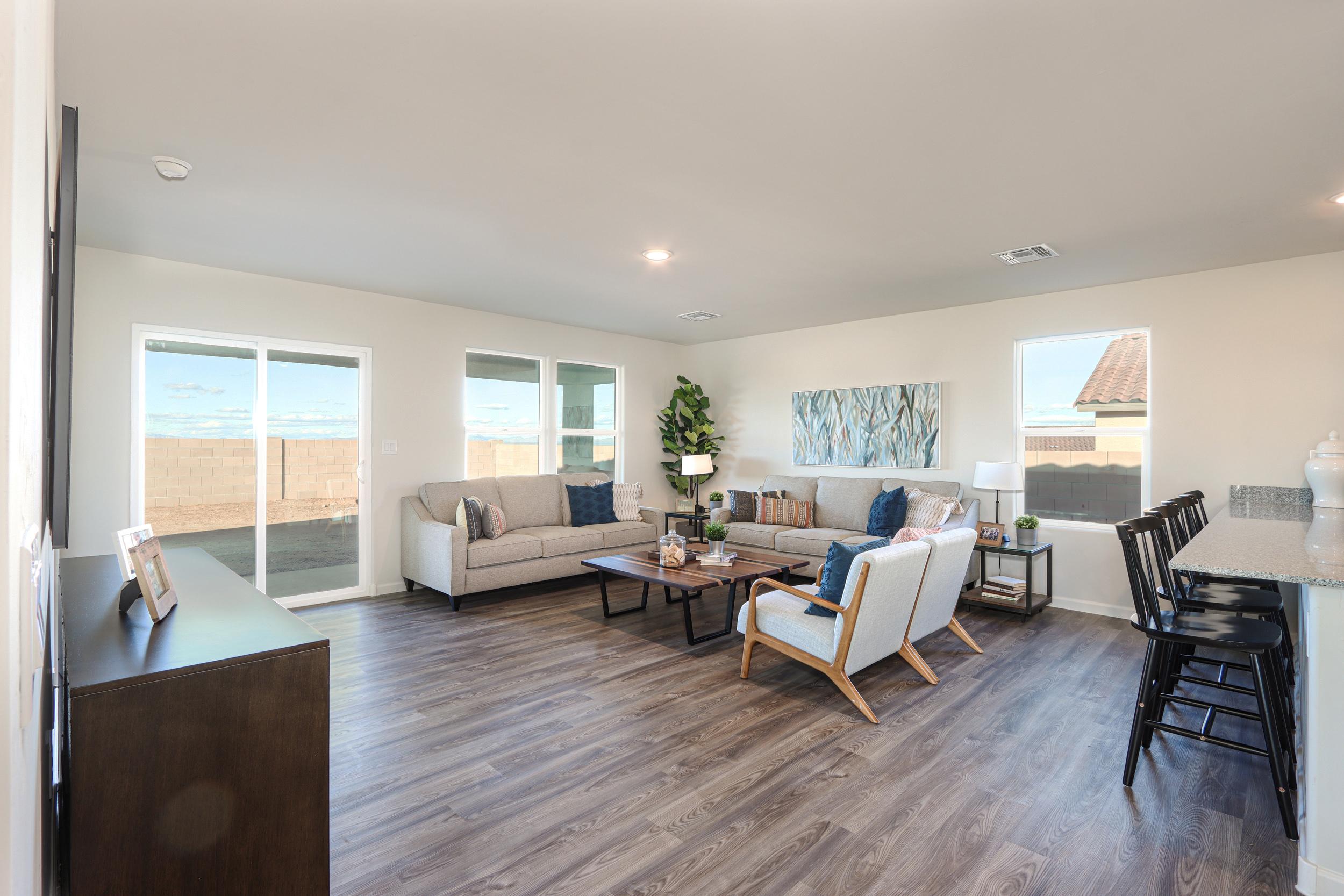 A living room with a wood floor.