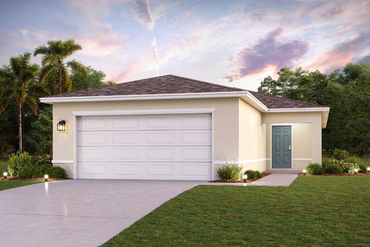 A house with a garage and trees.