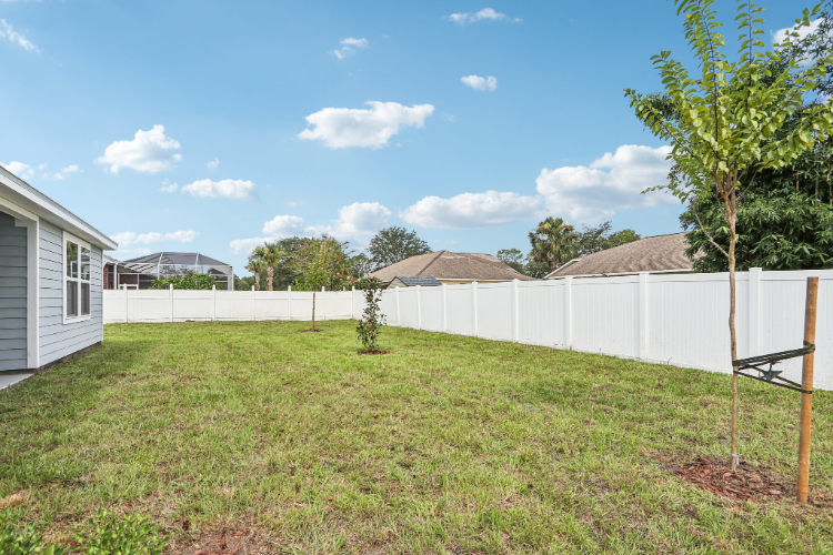 A backyard with a white fence and a tree.
