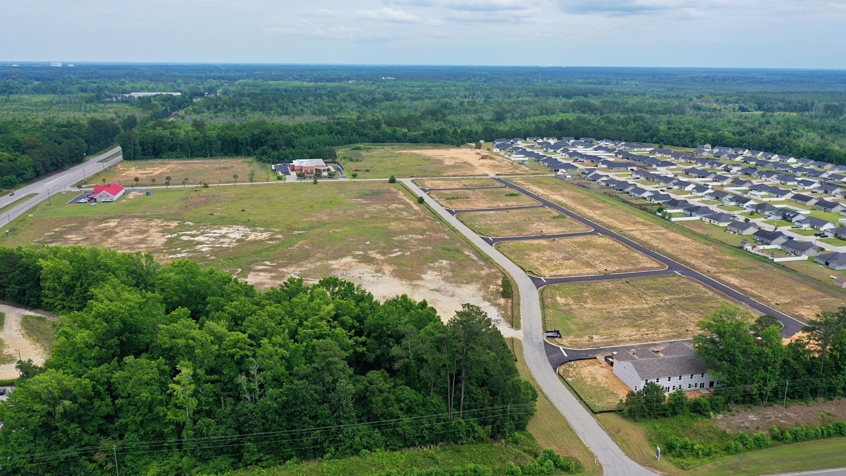 A road with trees and buildings.